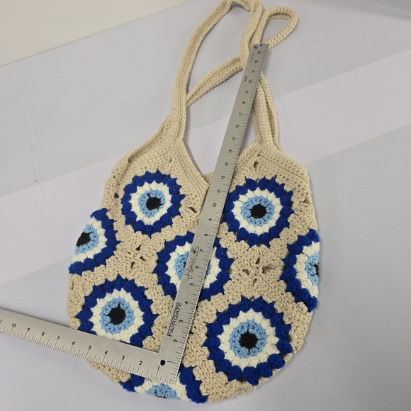 Handmade Crochet Evil Eye Tote Bag Beige Blue Boho Summer Beach Purse - Picture 2 of 3